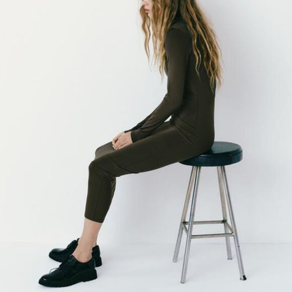 NEW Zara Olive Dark Green Fitted Polyamide Midi Dress S Sleek Stretchy Knit Slim - Picture 2 of 8